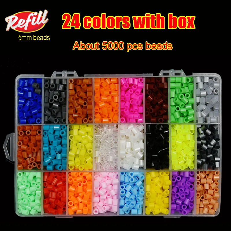 H&W 24 Colors 5mm Fuse Bead Set Compatible Kids 5 Ironing Paper 2 Big Peg Boards diy 2 Tweezers WA1-Z1 Add Color Number & Supply Refill Bag Parts 